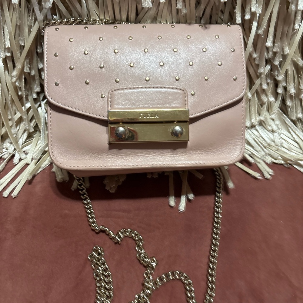 FURLA  Pink Crossbody Leather Bag with stud details and chain strap •